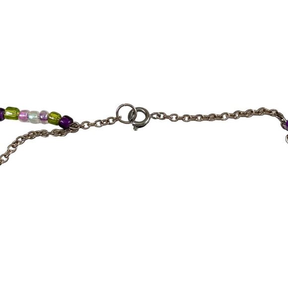 Handmade Silver Clasped Chain Beaded Purple Green Tassel Necklace - Picture 2 of 4